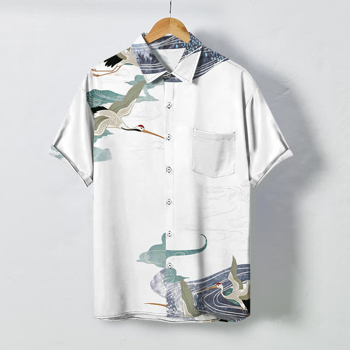 Buddha Stones Chemise à manches courtes respirante pour homme avec boutons et motif de vagues et de nuages - Blanc - US/UK/AU48，EU58 (4XL) - image 0