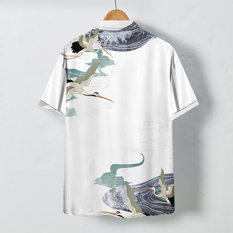 Buddha Stones Chemise à manches courtes respirante pour homme avec boutons et motif de vagues et de nuages - image 1