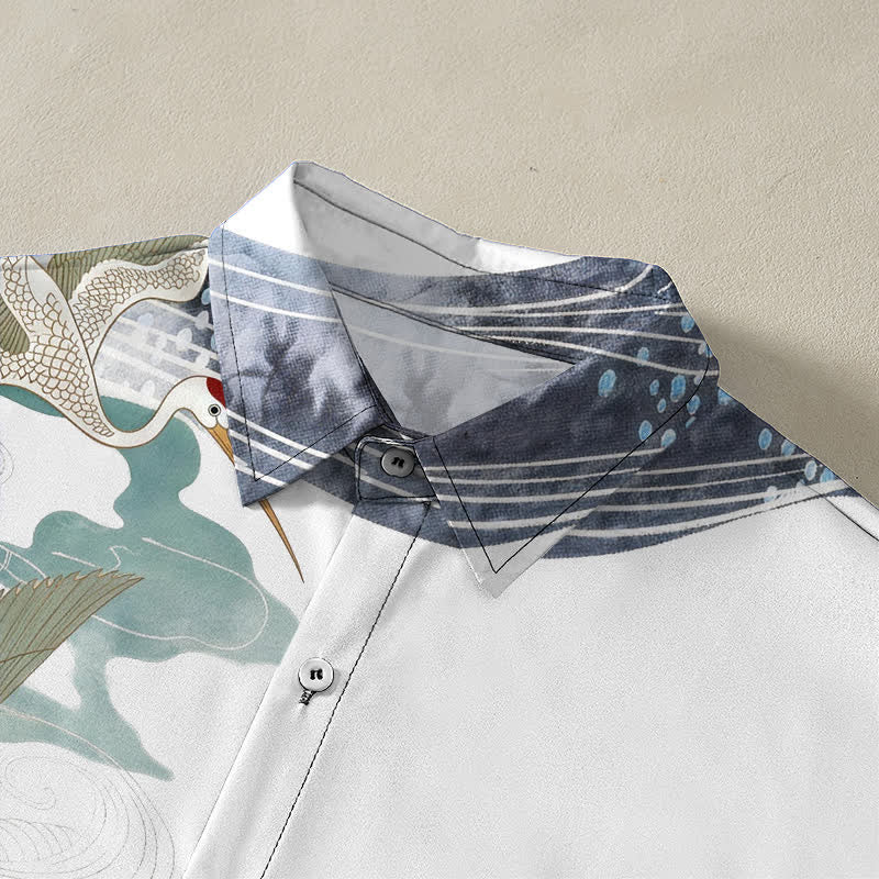 Buddha Stones Chemise à manches courtes respirante pour homme avec boutons et motif de vagues et de nuages - image 2