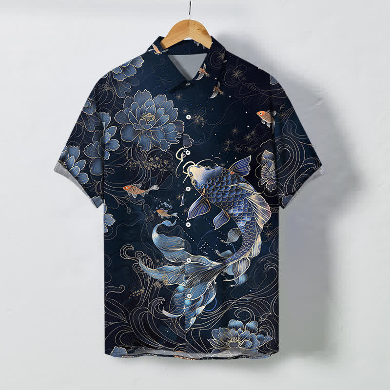 Buddha Stones Chemise à manches courtes respirante pour homme, à boutons et motif lotus et carpes koï bleues - Marine - US/UK/AU48，EU58 (4XL) - image 0