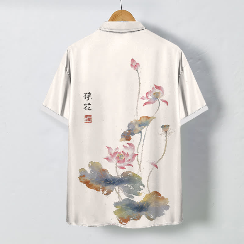Buddha Stones Chemise à manches courtes respirante pour homme, ornée de boutons à motif de calligraphie lotus à l'encre - image 1
