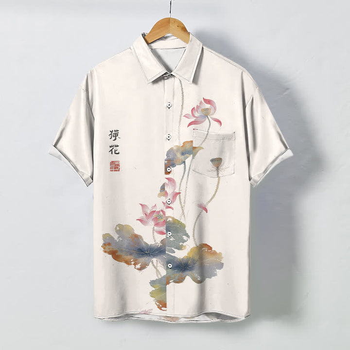 Buddha Stones Chemise à manches courtes respirante pour homme, ornée de boutons à motif de calligraphie lotus à l'encre - Ivoire - US/UK/AU48，EU58 (4XL) - image 0