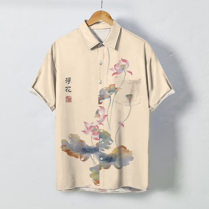 Buddha Stones Chemise à manches courtes respirante pour homme, ornée de boutons à motif de calligraphie lotus à l'encre - Blanc antique - US/UK/AU48，EU58 (4XL) - image 3