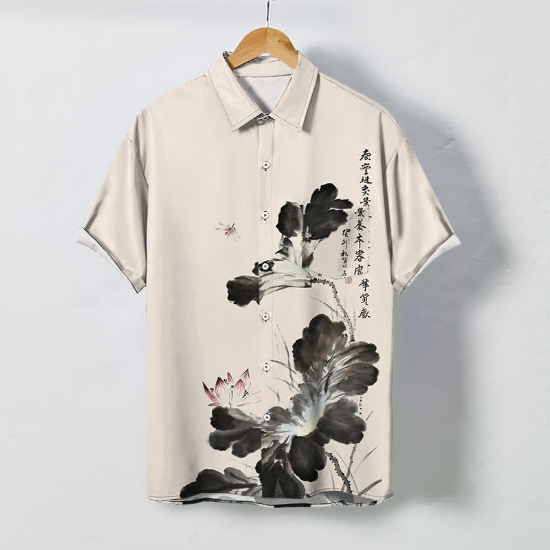 Buddha Stones Chemise à manches courtes respirante pour homme, ornée de boutons à motif floral calligraphique à l'encre - Beige - US/UK/AU48，EU58 (4XL) - image 0