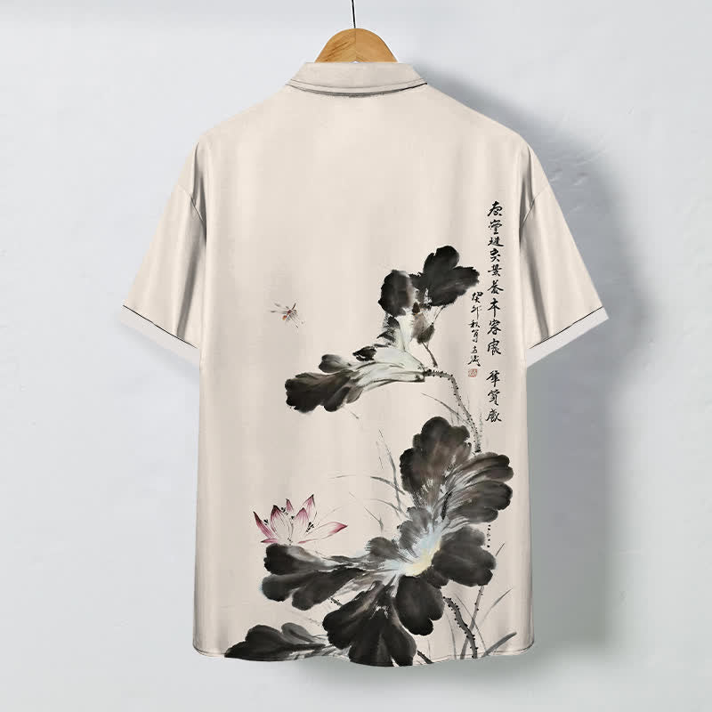 Buddha Stones Chemise à manches courtes respirante pour homme, ornée de boutons à motif floral calligraphique à l'encre - image 1