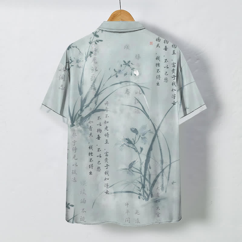 Buddha Stones Chemise à manches courtes respirante pour homme, ornée de boutons à motif calligraphie bambou et encre. - image 1