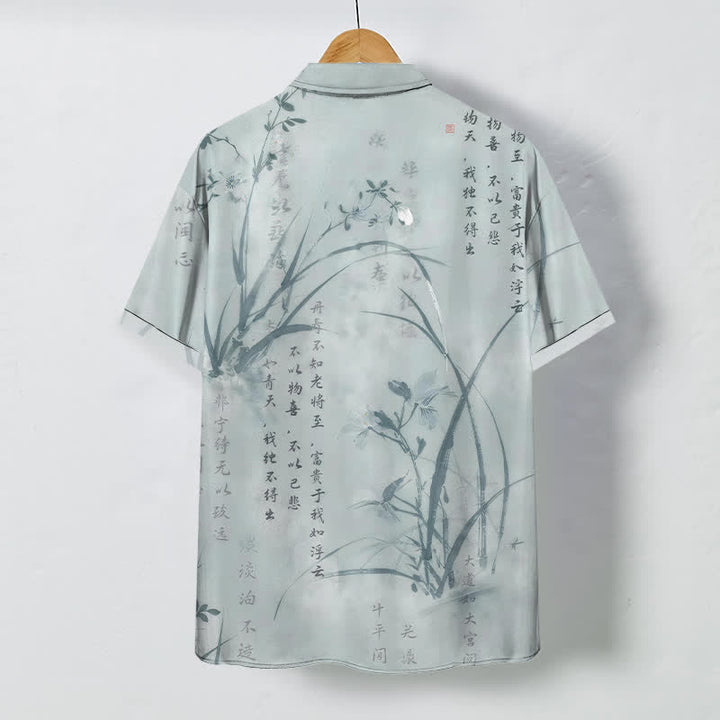 Buddha Stones Chemise à manches courtes respirante pour homme, ornée de boutons à motif calligraphie bambou et encre. - image 1