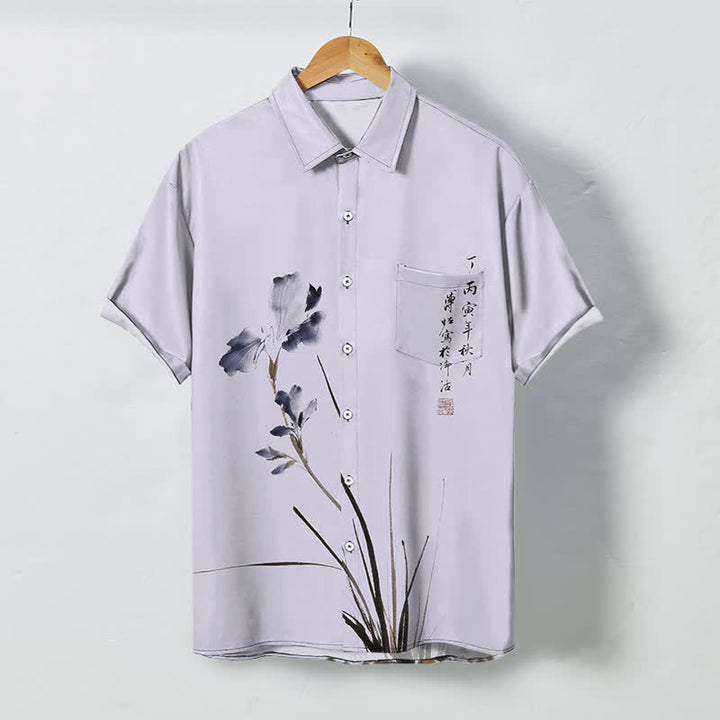 Buddha Stones Chemise à manches courtes respirante pour homme, ornée de boutons à motif de calligraphie florale à l'encre - Lavande - US/UK/AU48，EU58 (4XL) - image 0