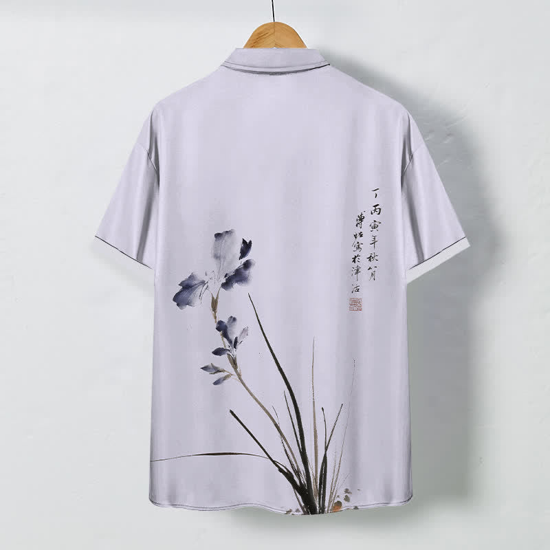 Buddha Stones Chemise à manches courtes respirante pour homme, ornée de boutons à motif de calligraphie florale à l'encre - image 1