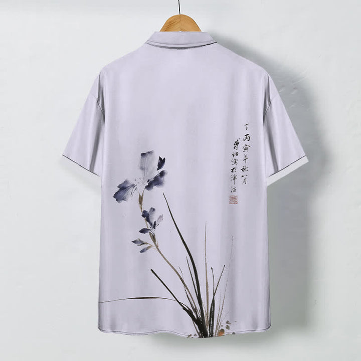 Buddha Stones Chemise à manches courtes respirante pour homme, ornée de boutons à motif de calligraphie florale à l'encre - image 1