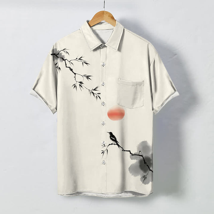Buddha Stones Chemise à manches courtes respirante pour homme, motif oiseau soleil et bambou à l'encre - Ivoire - US/UK/AU48，EU58 (4XL) - image 0
