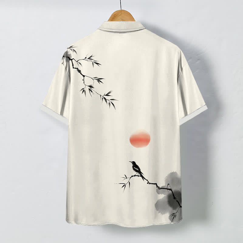 Buddha Stones Chemise à manches courtes respirante pour homme, motif oiseau soleil et bambou à l'encre - image 1