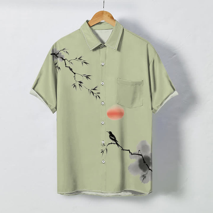 Buddha Stones Chemise à manches courtes respirante pour homme, motif oiseau soleil et bambou à l'encre - Vert foncé - US/UK/AU48，EU58 (4XL) - image 3
