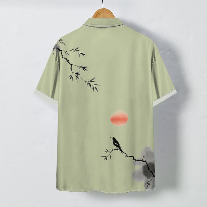 Buddha Stones Chemise à manches courtes respirante pour homme, motif oiseau soleil et bambou à l'encre - image 4