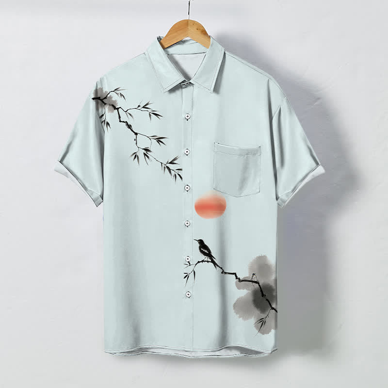 Buddha Stones Chemise à manches courtes respirante pour homme, motif oiseau soleil et bambou à l'encre - Cyan clair - US/UK/AU48，EU58 (4XL) - image 5