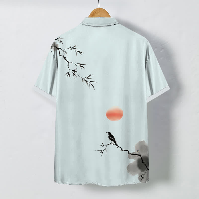 Buddha Stones Chemise à manches courtes respirante pour homme, motif oiseau soleil et bambou à l'encre - image 6