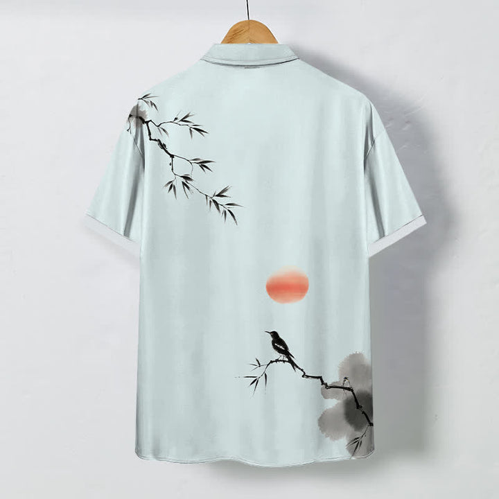 Buddha Stones Chemise à manches courtes respirante pour homme, motif oiseau soleil et bambou à l'encre - image 6