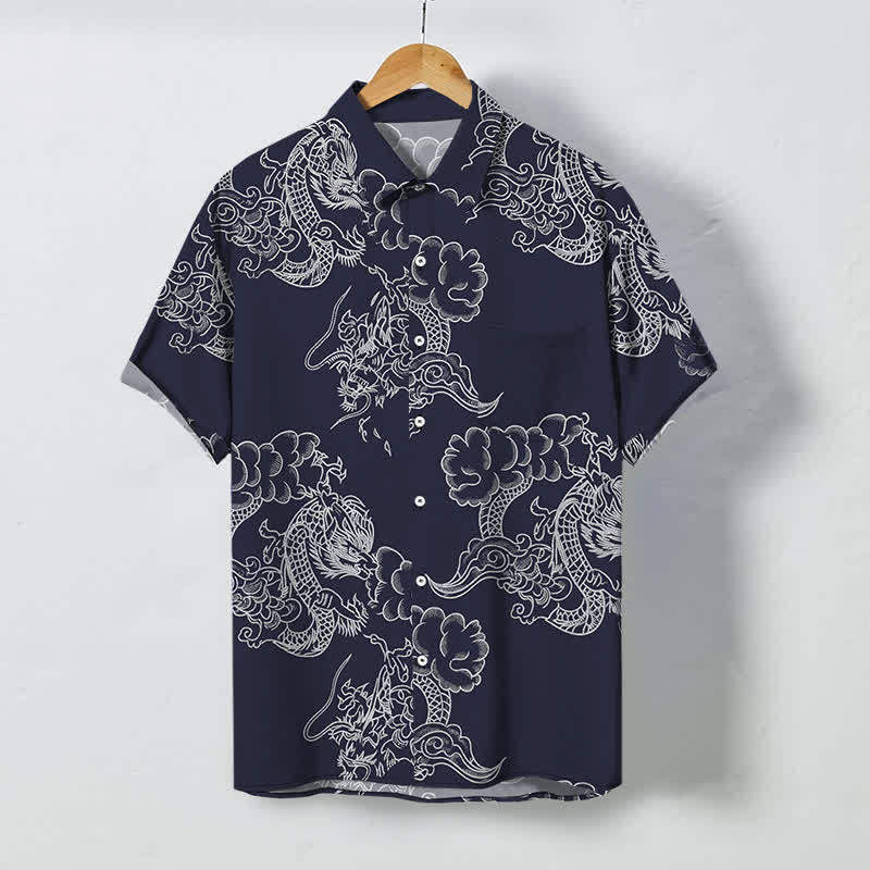 Buddha Stones Chemise à manches courtes respirante pour homme, à boutons et à motif floral vintage - Bleu nuit - US/UK/AU48，EU58 (4XL) - image 0