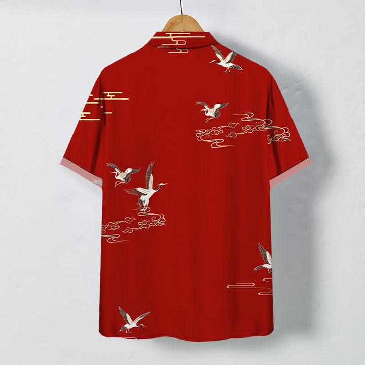Buddha Stones Chemise à manches courtes pour homme, à boutons et motif de grues rouges et de nuages, infroissable - image 1