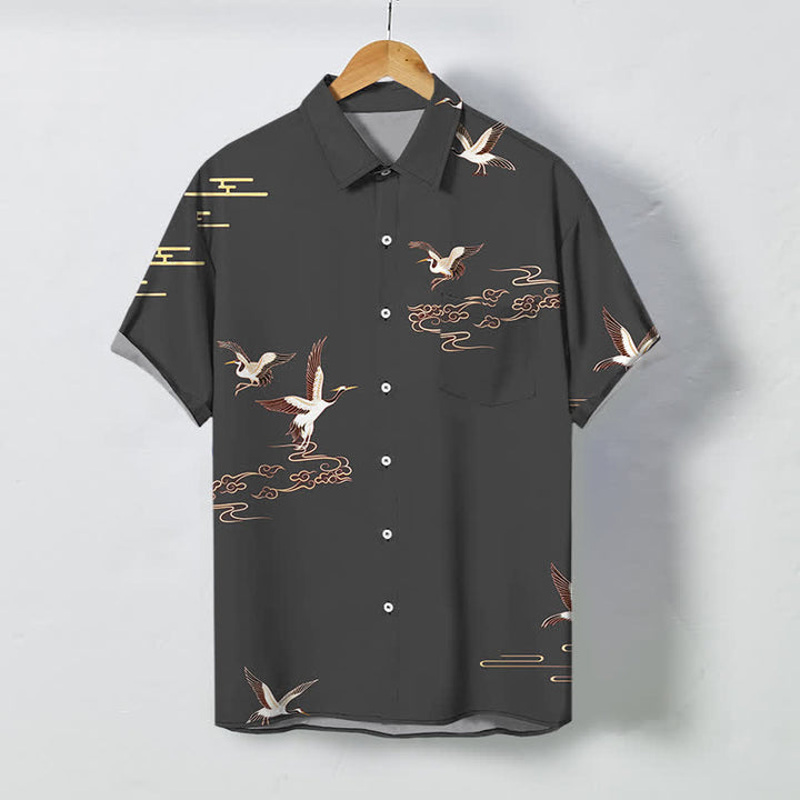 Buddha Stones Chemise à manches courtes pour homme, à boutons et motif de grues rouges et de nuages, infroissable - Gris sombre - US/UK/AU48，EU58 (4XL) - image 5