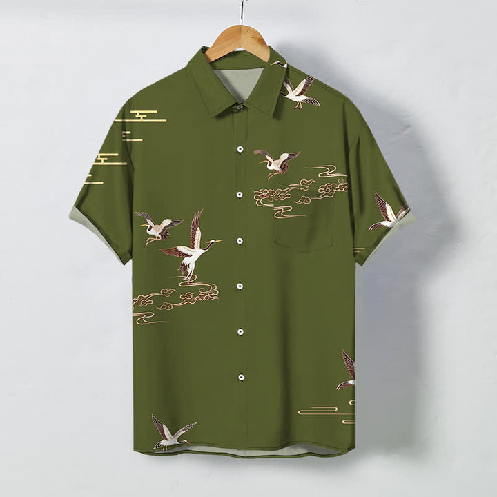 Buddha Stones Chemise à manches courtes pour homme, à boutons et motif de grues rouges et de nuages, infroissable - Vert olive foncé - US/UK/AU48，EU58 (4XL) - image 7
