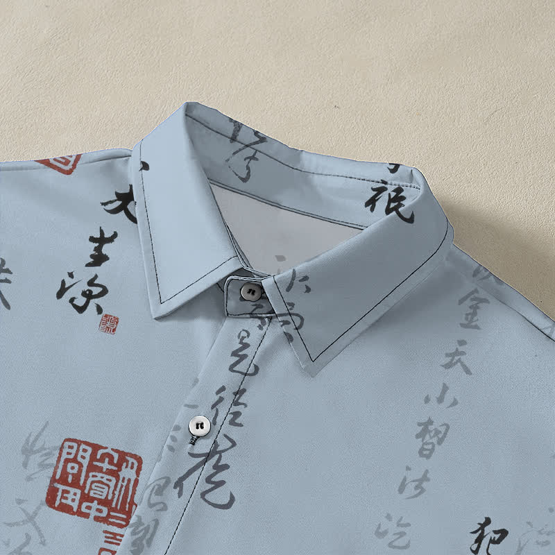Buddha Stones Chemise à manches courtes respirante pour homme, ornée de boutons à motif de sceau rouge calligraphié chinois - image 2