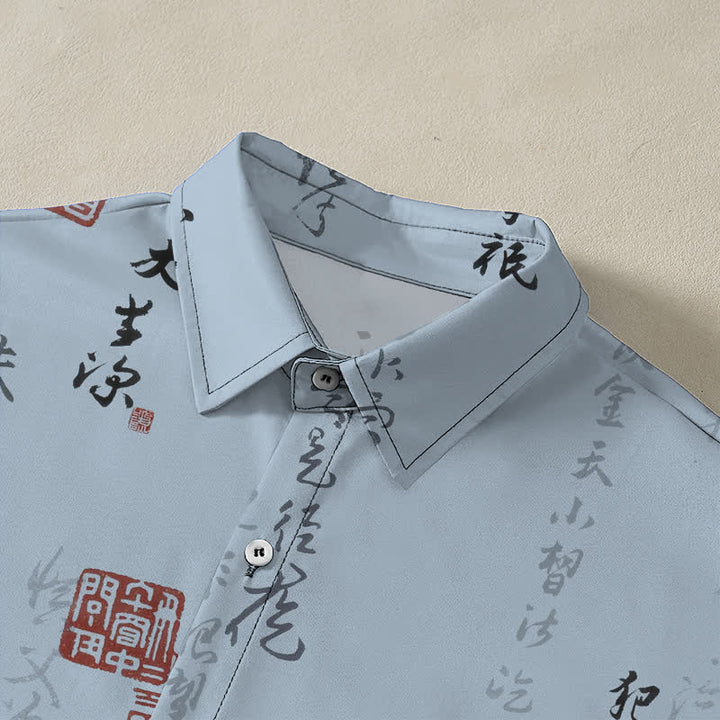 Buddha Stones Chemise à manches courtes respirante pour homme, ornée de boutons à motif de sceau rouge calligraphié chinois - image 2