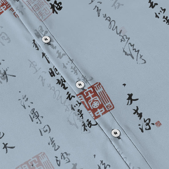 Buddha Stones Chemise à manches courtes respirante pour homme, ornée de boutons à motif de sceau rouge calligraphié chinois - image 3
