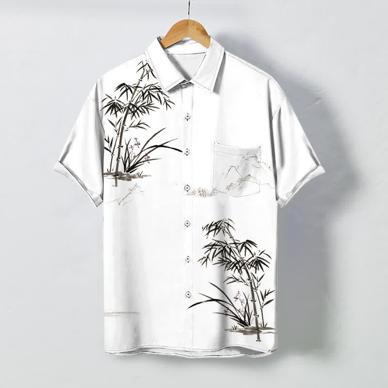 Buddha Stones Chemise à manches courtes respirante pour homme, à boutons et motif paysage de bambou à l'encre - Blanc - US/UK/AU48，EU58 (4XL) - image 0