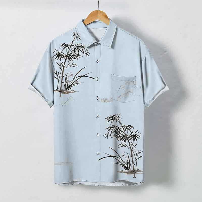 Buddha Stones Chemise à manches courtes respirante pour homme, à boutons et motif paysage de bambou à l'encre - Bleu poudré - US/UK/AU48，EU58 (4XL) - image 3
