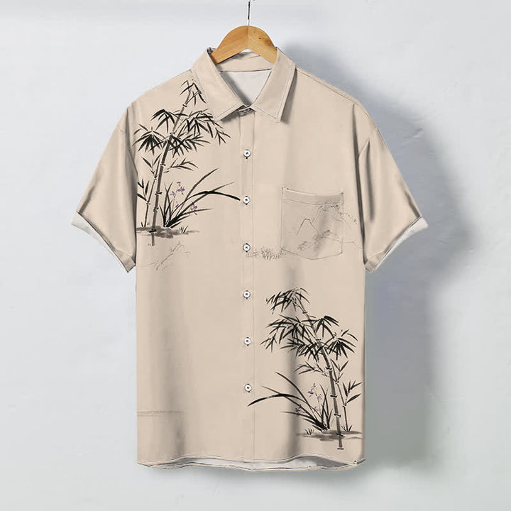 Buddha Stones Chemise à manches courtes respirante pour homme, à boutons et motif paysage de bambou à l'encre - Blanc antique - US/UK/AU48，EU58 (4XL) - image 5