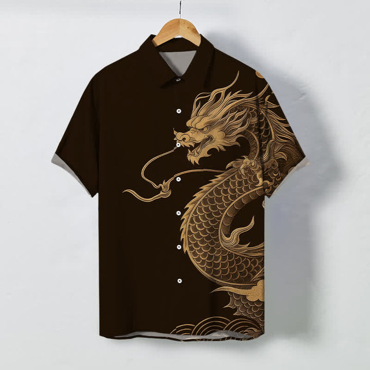 Buddha Stones Chemise à manches courtes respirante pour homme avec boutons à motif de dragon oriental doré - SaddleBrown - US/UK/AU48，EU58 (4XL) - image 0