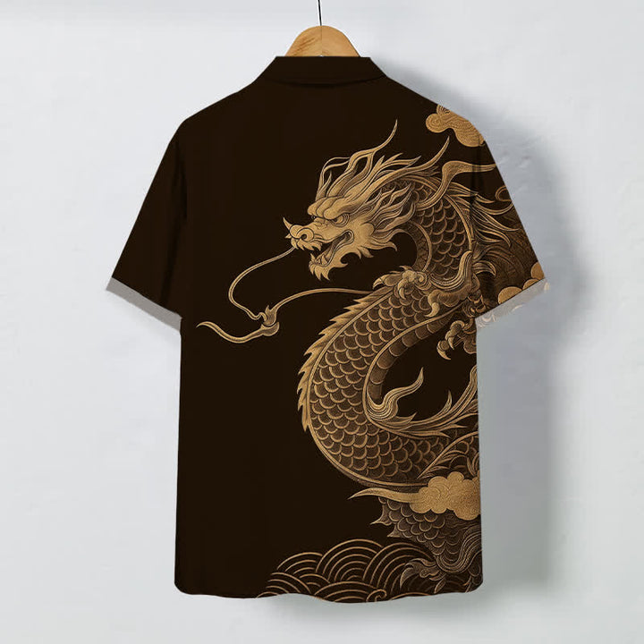 Buddha Stones Chemise à manches courtes respirante pour homme avec boutons à motif de dragon oriental doré - image 1