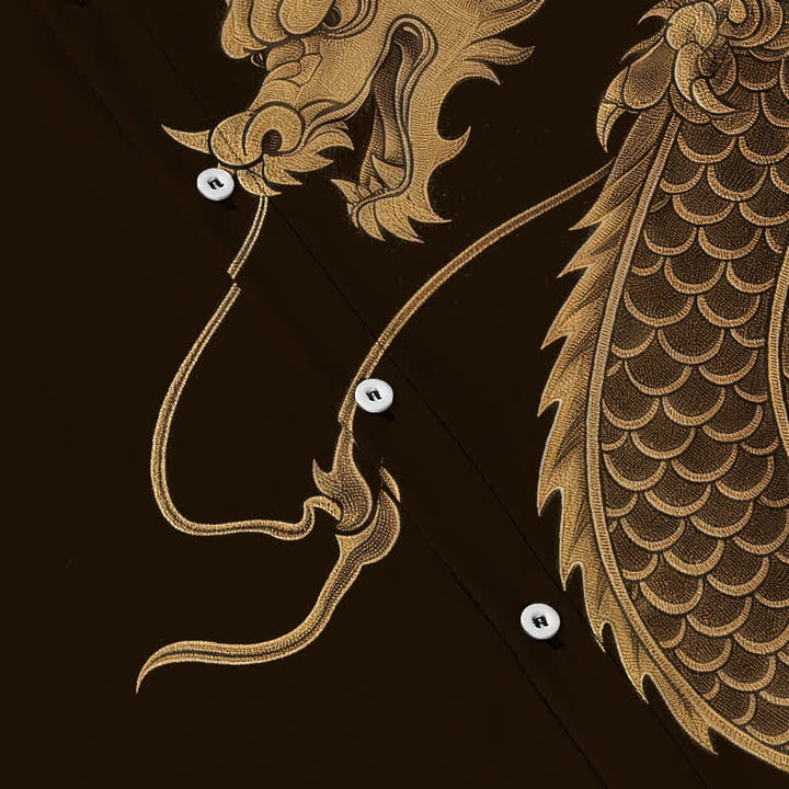 Buddha Stones Chemise à manches courtes respirante pour homme avec boutons à motif de dragon oriental doré - image 3