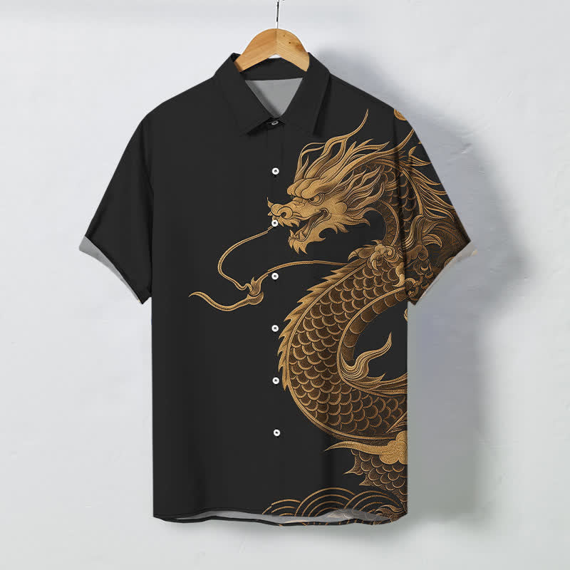 Buddha Stones Chemise à manches courtes respirante pour homme avec boutons à motif de dragon oriental doré - Noir - US/UK/AU48，EU58 (4XL) - image 5