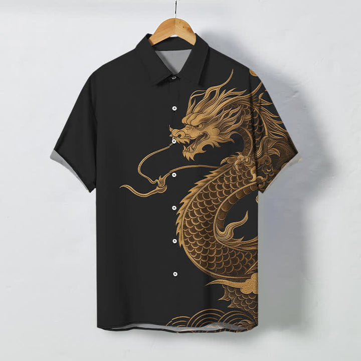Buddha Stones Chemise à manches courtes respirante pour homme avec boutons à motif de dragon oriental doré - Noir - US/UK/AU48，EU58 (4XL) - image 5