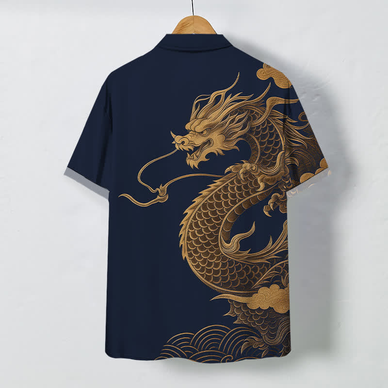 Buddha Stones Chemise à manches courtes respirante pour homme avec boutons à motif de dragon oriental doré - image 8