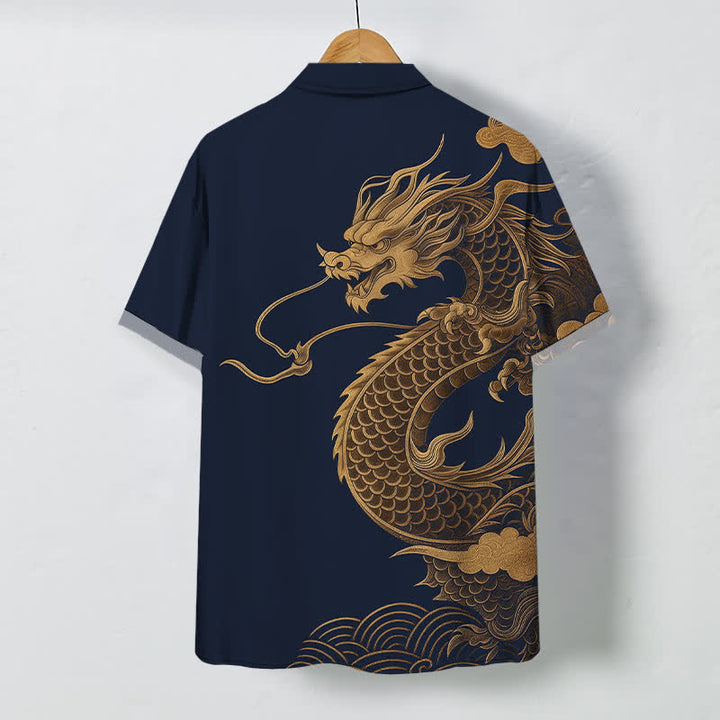 Buddha Stones Chemise à manches courtes respirante pour homme avec boutons à motif de dragon oriental doré - image 8
