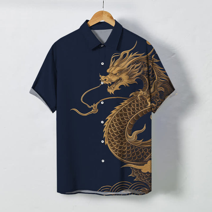 Buddha Stones Chemise à manches courtes respirante pour homme avec boutons à motif de dragon oriental doré - Bleu nuit - US/UK/AU48，EU58 (4XL) - image 7