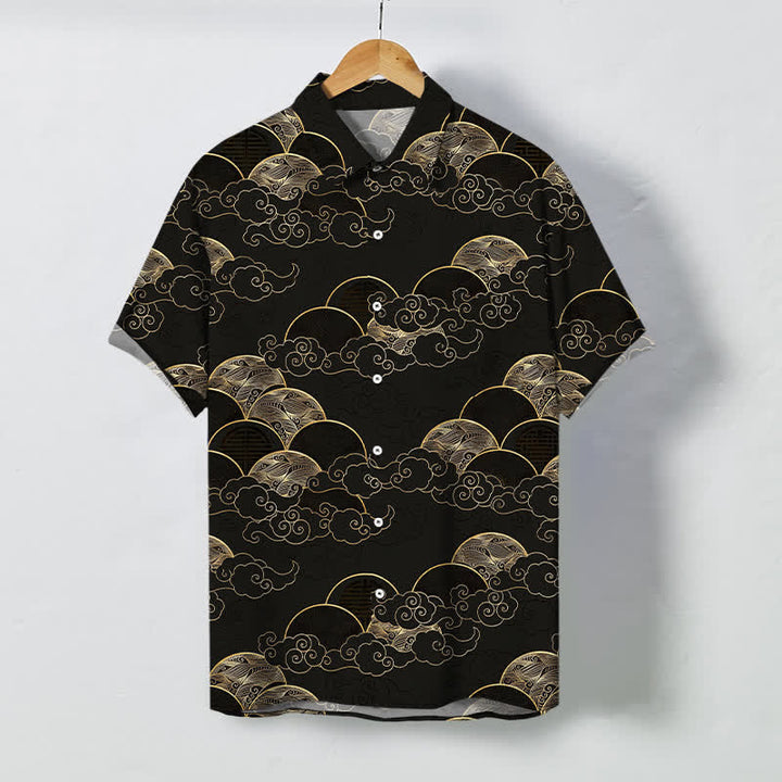 Buddha Stones Chemise à manches courtes respirante pour homme, motif vagues et lune, avec boutons dorés - Noir - US/UK/AU48，EU58 (4XL) - image 0