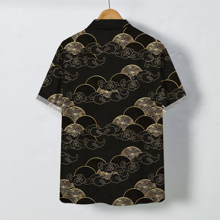 Buddha Stones Chemise à manches courtes respirante pour homme, motif vagues et lune, avec boutons dorés - image 1