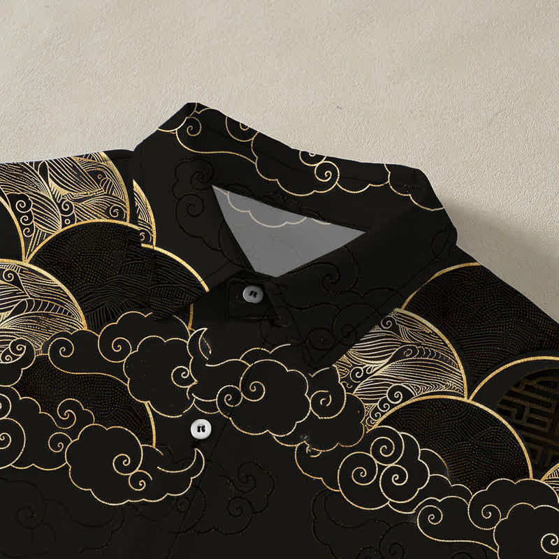 Buddha Stones Chemise à manches courtes respirante pour homme, motif vagues et lune, avec boutons dorés - image 2