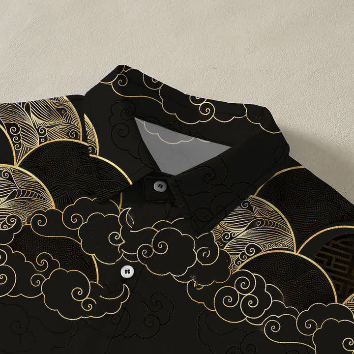 Buddha Stones Chemise à manches courtes respirante pour homme, motif vagues et lune, avec boutons dorés - image 2