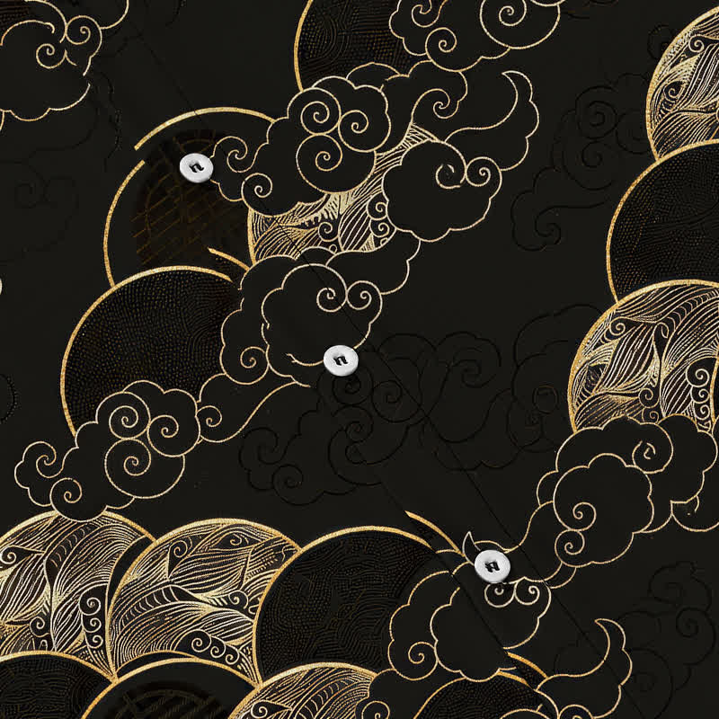 Buddha Stones Chemise à manches courtes respirante pour homme, motif vagues et lune, avec boutons dorés - image 3