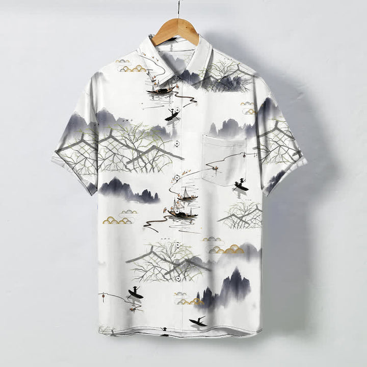 Buddha Stones Chemise à manches courtes respirante pour homme, motif bateau de montagne et paysage à l'encre - Blanc - US/UK/AU48，EU58 (4XL) - image 0