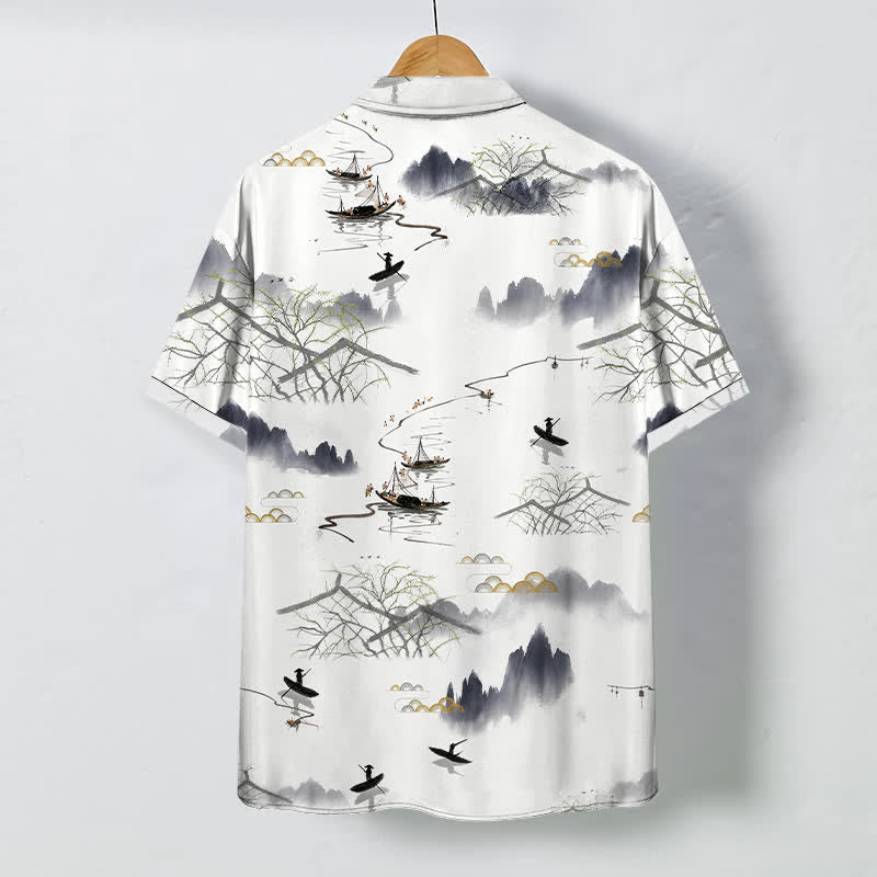 Buddha Stones Chemise à manches courtes respirante pour homme, motif bateau de montagne et paysage à l'encre - image 1