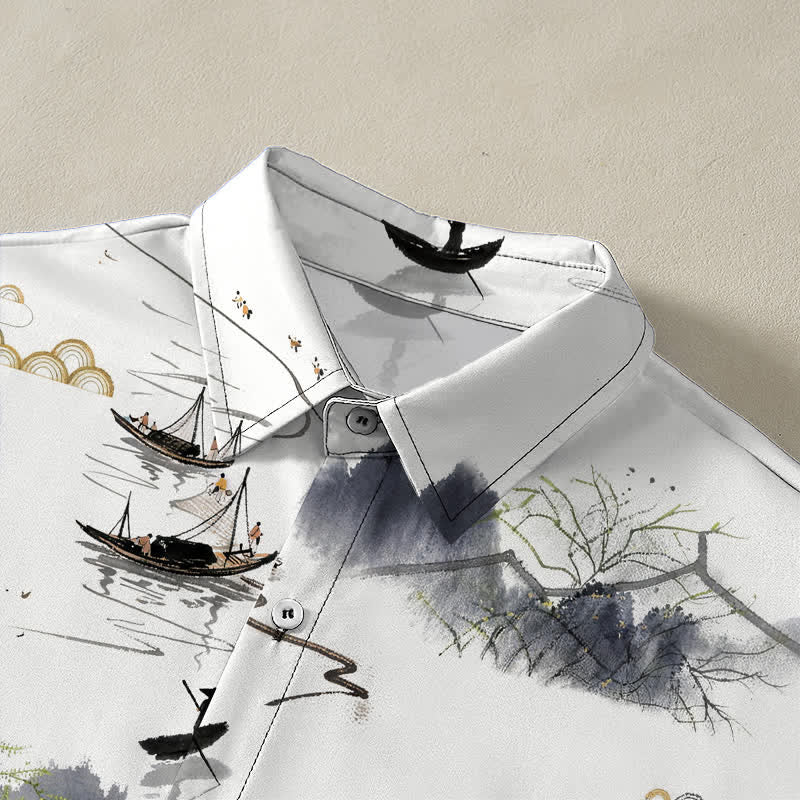 Buddha Stones Chemise à manches courtes respirante pour homme, motif bateau de montagne et paysage à l'encre - image 2