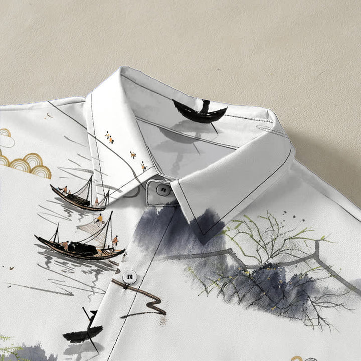 Buddha Stones Chemise à manches courtes respirante pour homme, motif bateau de montagne et paysage à l'encre - image 2