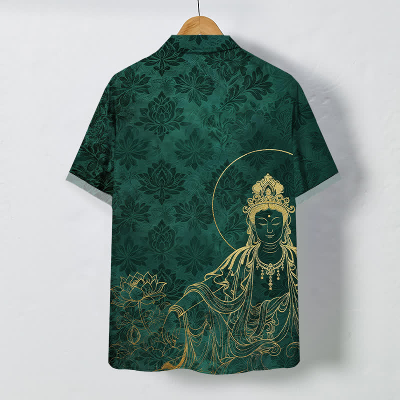 Buddha Stones Chemise à manches courtes pour homme, infroissable, avec boutons à motif botanique vintage de lotus - image 1