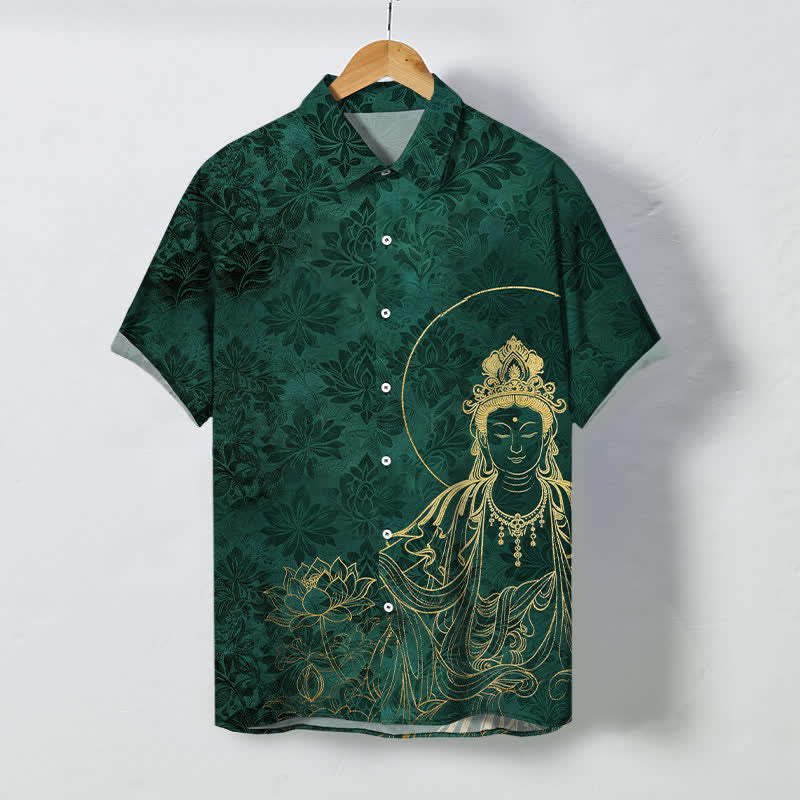Buddha Stones Chemise à manches courtes pour homme, infroissable, avec boutons à motif botanique vintage de lotus - Vert foncé - US/UK/AU48，EU58 (4XL) - image 0
